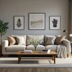 Beżowa sofa trzyosobowa z poduszkami i drewniany stolik kawowy