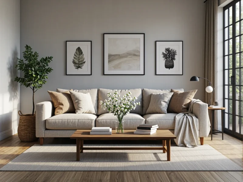 Beżowa sofa trzyosobowa z poduszkami i drewniany stolik kawowy