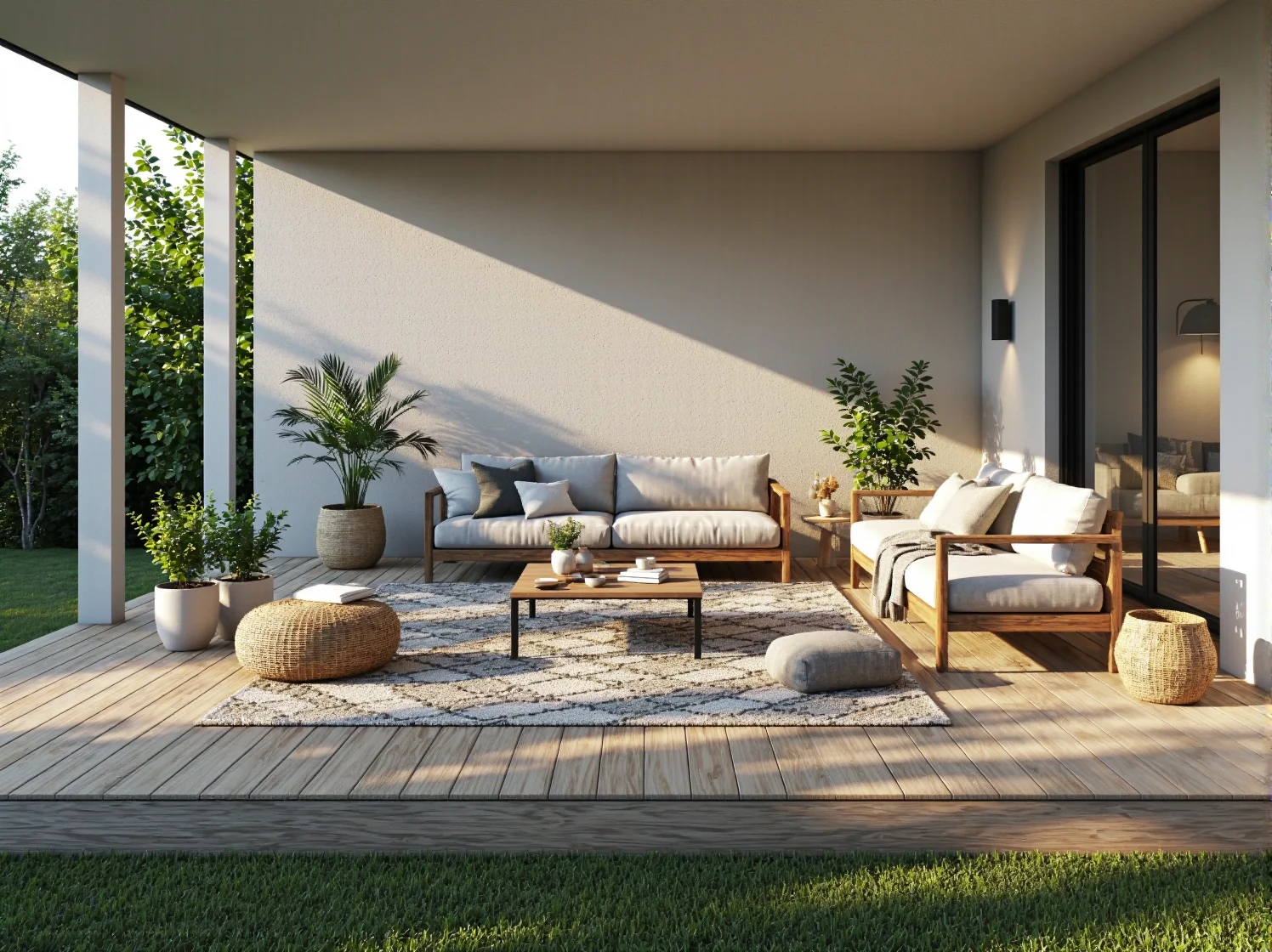 Aranżacja tarasu z wykorzystaniem lnu, rattanu i jasnego drewna w strefie relaksu