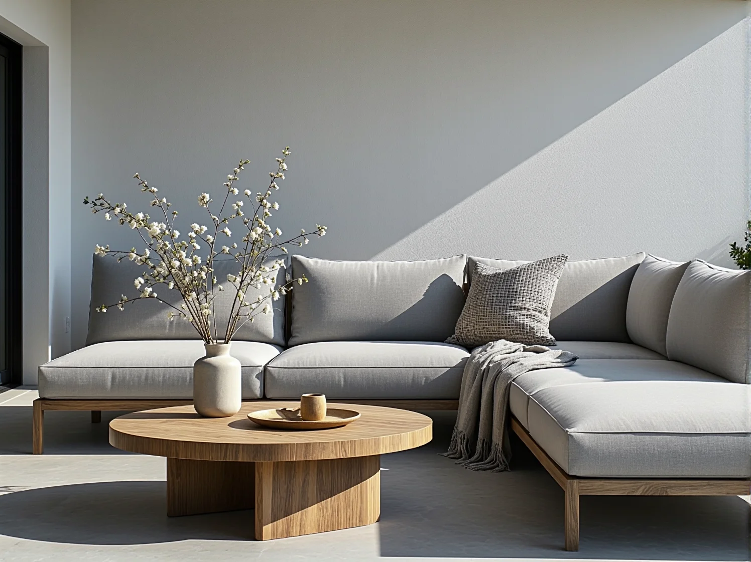 Kamienne donice i proste drewniane meble na nowoczesnym tarasie w stylu minimalistycznym