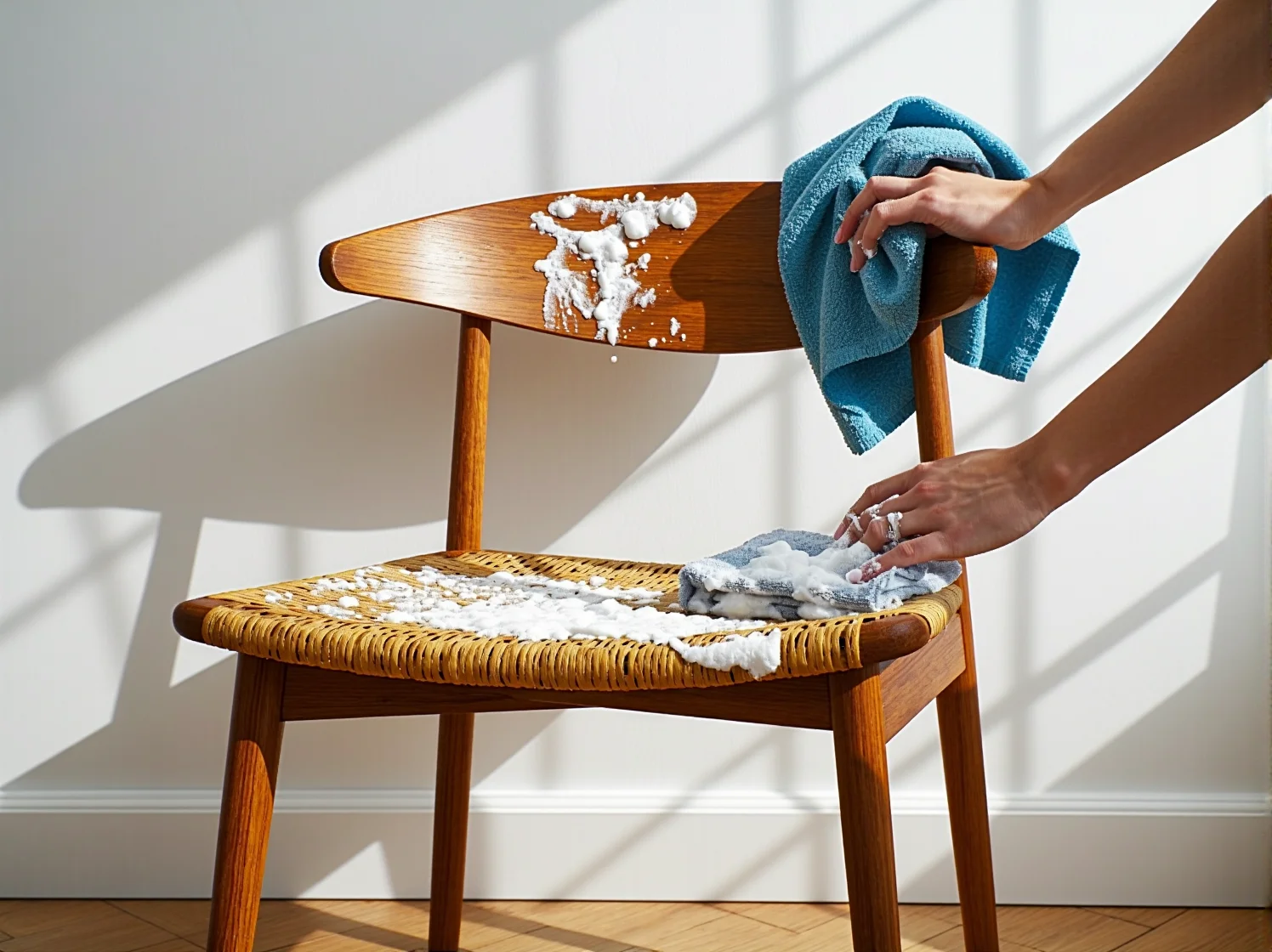 Proces dokładnego odtłuszczania starej komody przed nałożeniem nowej farby.