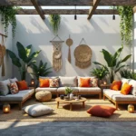 Meble ogrodowe drewniane z jasnymi poduszkami w stylu boho