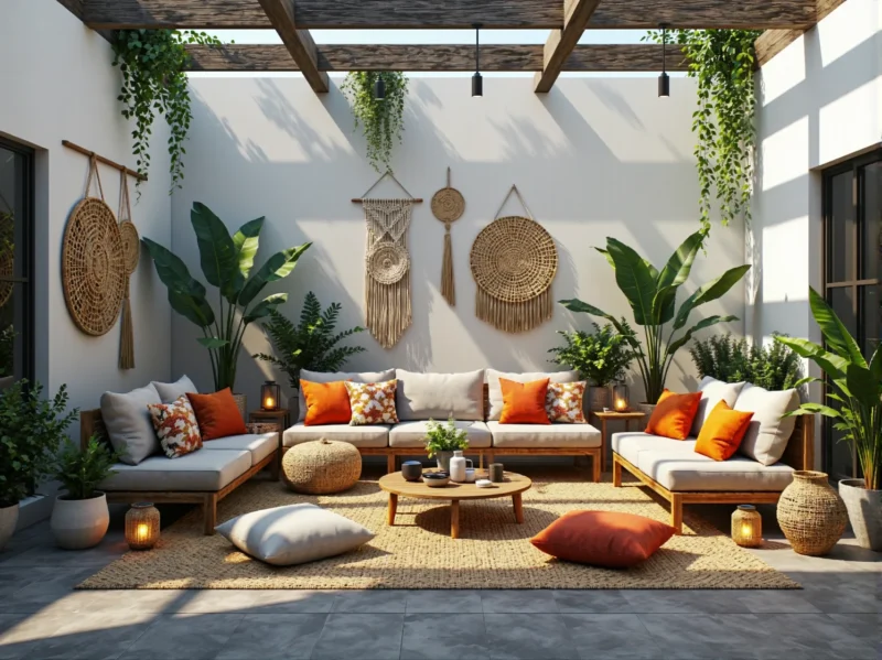 Meble ogrodowe drewniane z jasnymi poduszkami w stylu boho