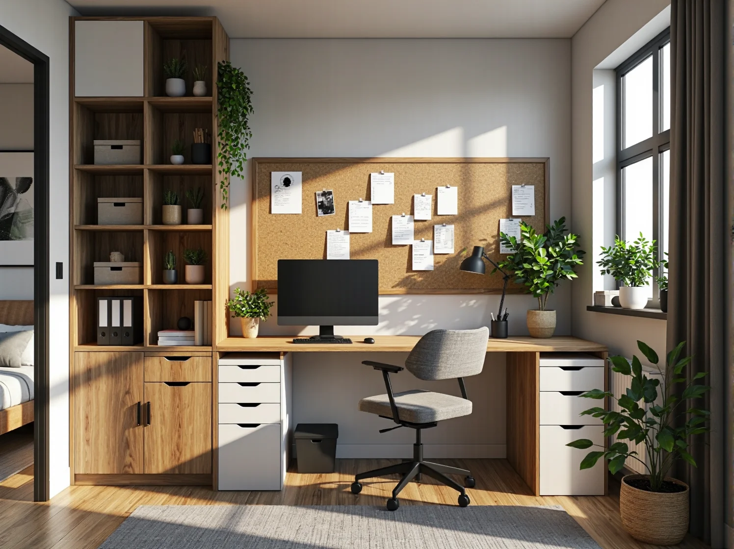 Funkcjonalna zabudowa nad biurkiem w kawalerce oszczędzająca miejsce