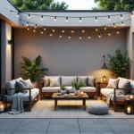 Zestaw mebli ogrodowych drewnianych z kremowymi poduszkami i stolikiem