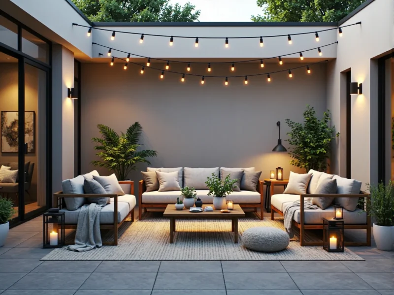 Zestaw mebli ogrodowych drewnianych z kremowymi poduszkami i stolikiem