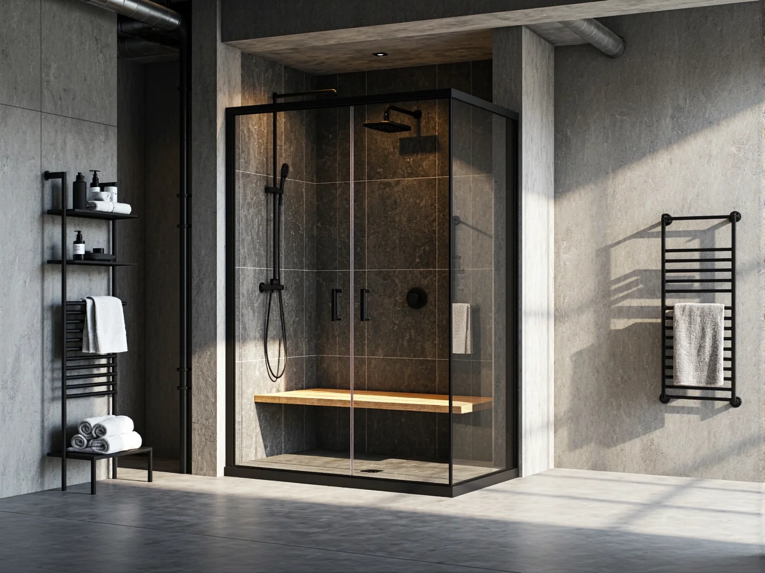 Wiszące lampy edisona i surowe metalowe dodatki w aranżacji łazienki.