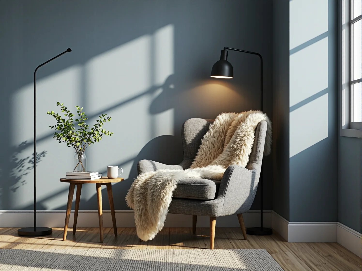 Minimalistyczne oświetlenie i zielone rośliny jako dodatki do drewnianych mebli skandynawskich.