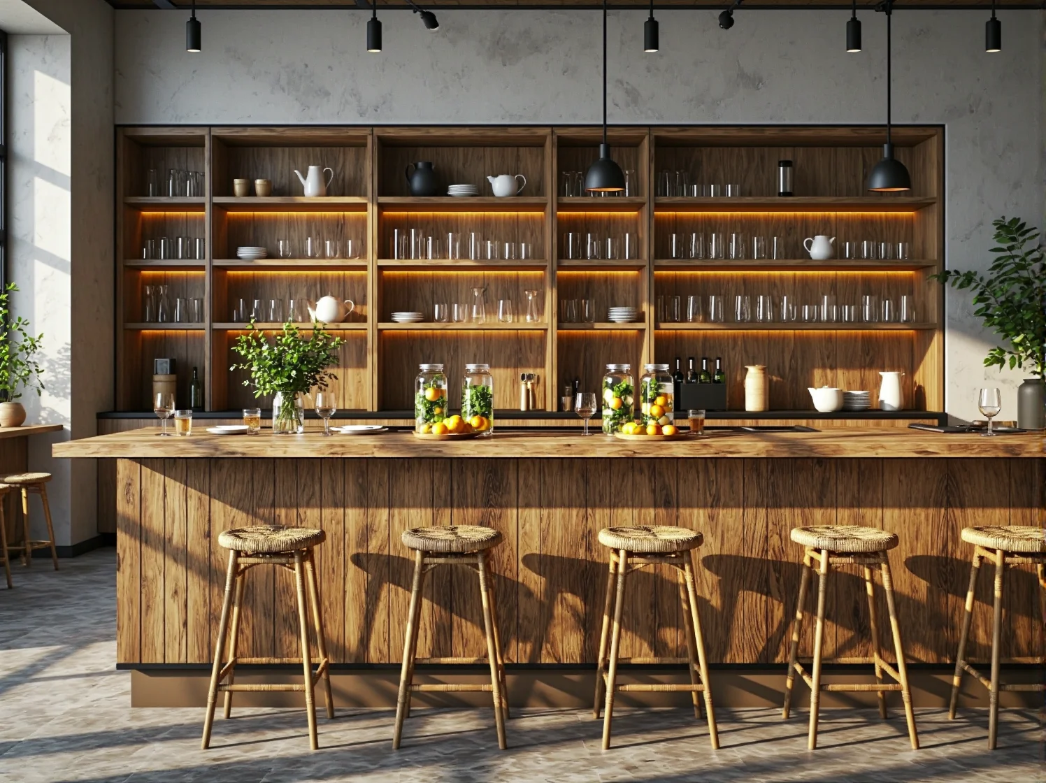 Wiszące rośliny i ciepłe oświetlenie w restauracji, tworzące przytulny klimat boho.