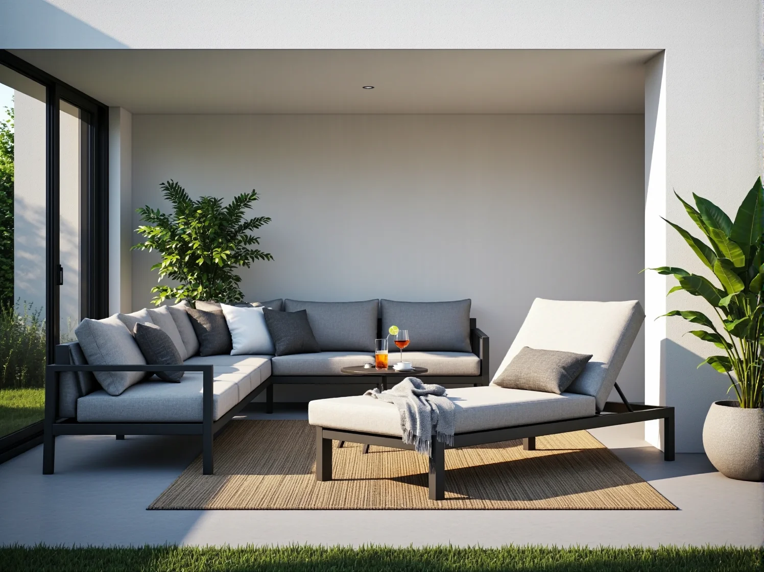 Klimatyczne oświetlenie ogrodowe nad strefą wypoczynku wieczorem.