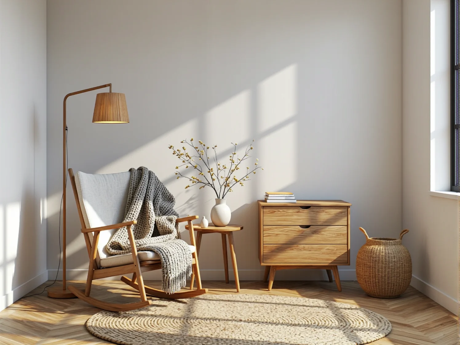 Naturalne drewno i beżowe tekstylia w harmonijnym kąciku niemowlaka.