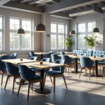 Niebieskie krzesła tapicerowane z drewnianymi nogami i stoły dębowe