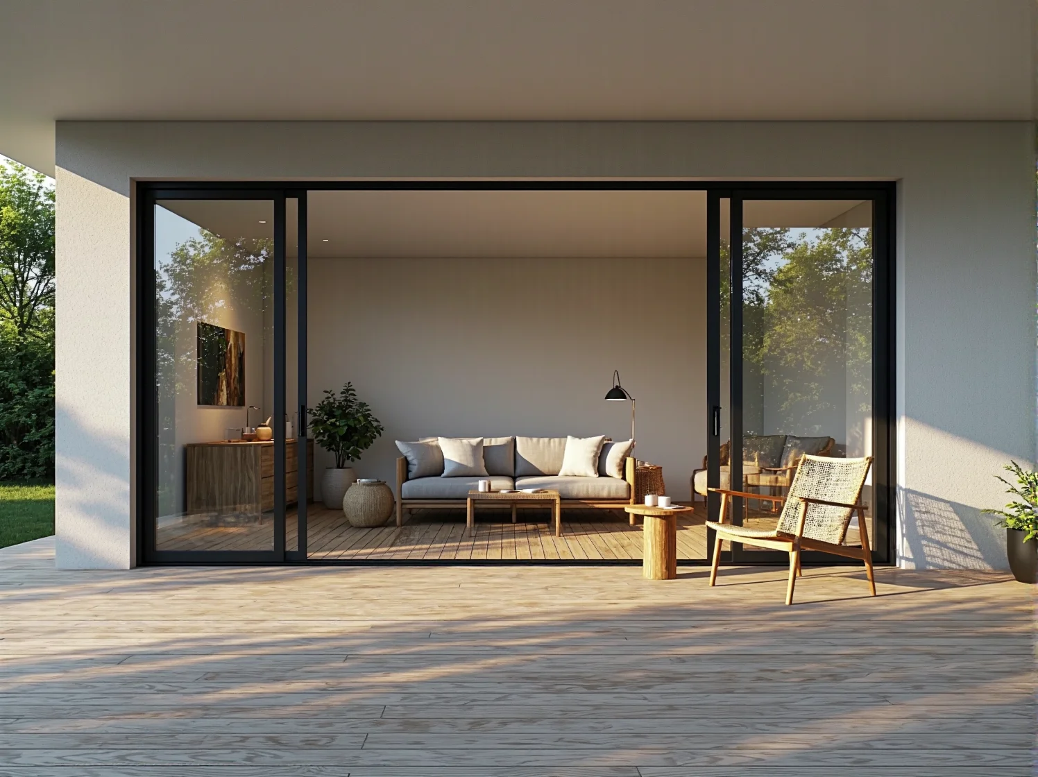 Prosta kamienna posadzka i geometryczne ławki drewniane na tarasie z widokiem na ogród