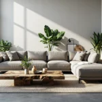 Szary narożnik tapicerowany z niskim stolikiem z drewna naturalnego