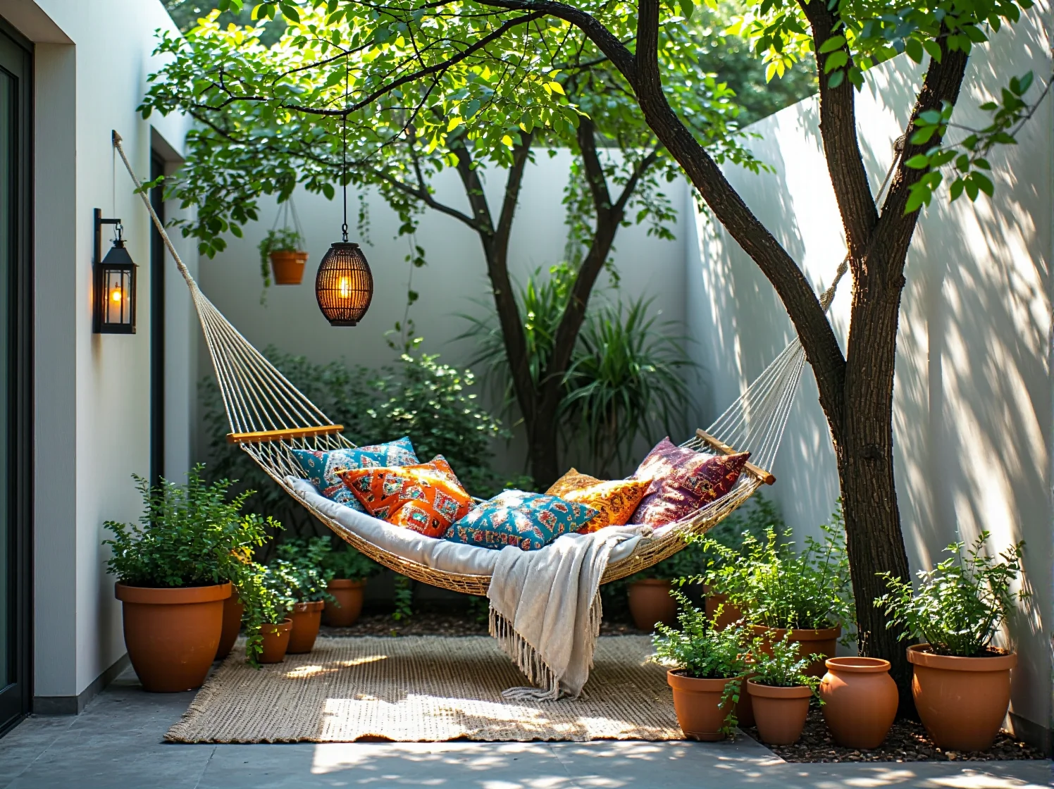 Przytulny kącik w ogrodzie z naturalnymi tekstyliami i delikatnym oświetleniem solarnym