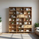 Drewniany regał dębowy z otwartymi półkami i zamykanymi szafkami