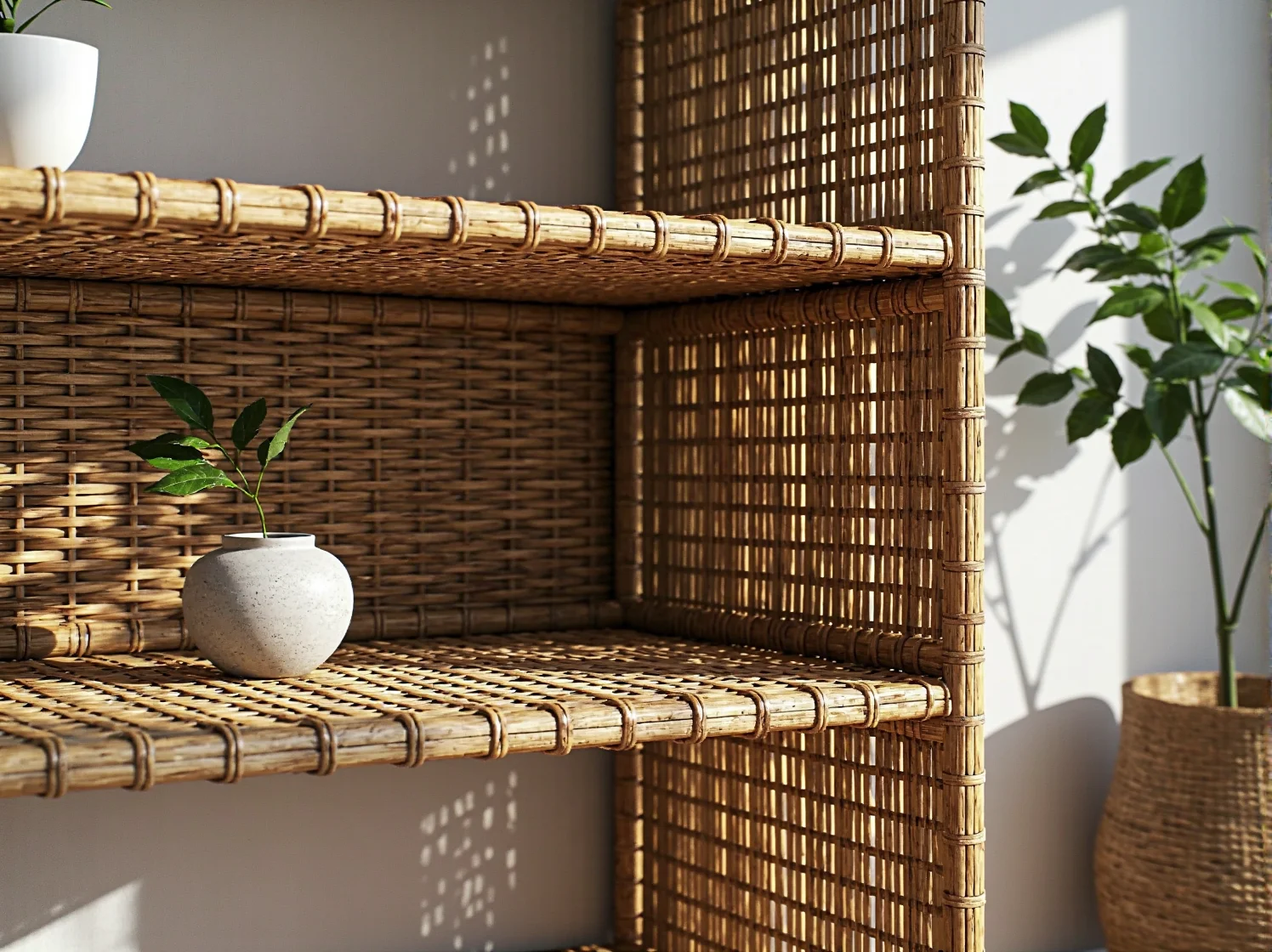 Lekki regał bambusowy z książkami w jasnej sypialni inspirowanej naturą