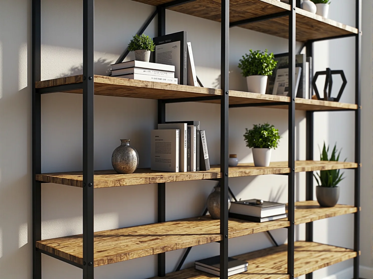 Solidne półki z litego dębu na czarnym metalowym stelażu w biurze typu loft.