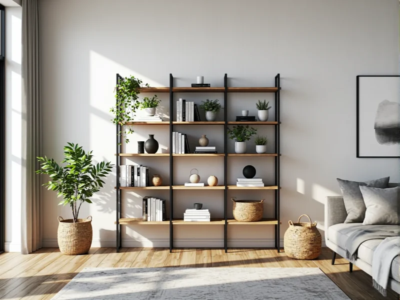 Regał modułowy dąb naturalny z czarnym metalowym stelażem