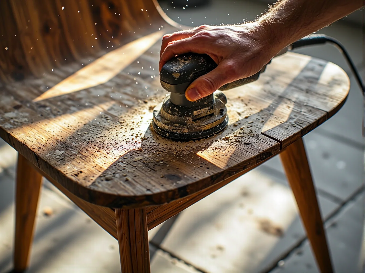 Zestaw szlifierek do drewna: taśmowa, oscylacyjna i mimośrodowa leżące na stole warsztatowym.