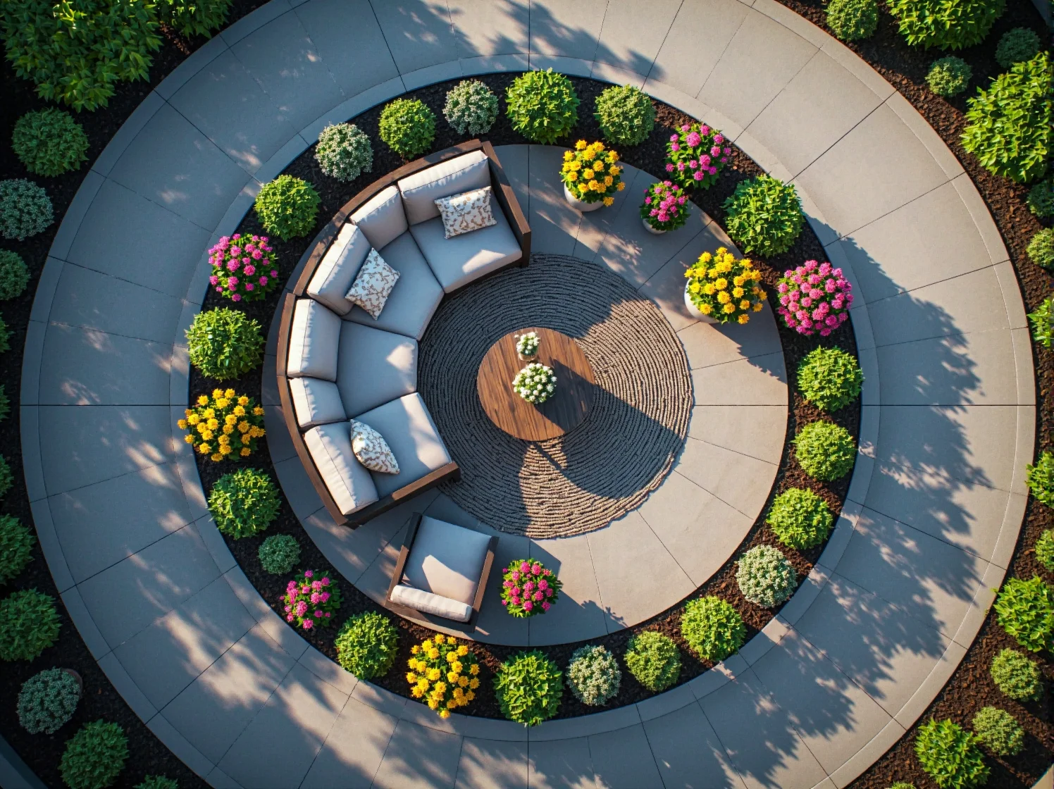 Rośliny doniczkowe wydzielające prywatną przestrzeń wypoczynkową w ogrodzie.