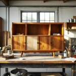 Drewniana komoda dąb craft z trzema drzwiczkami i półkami