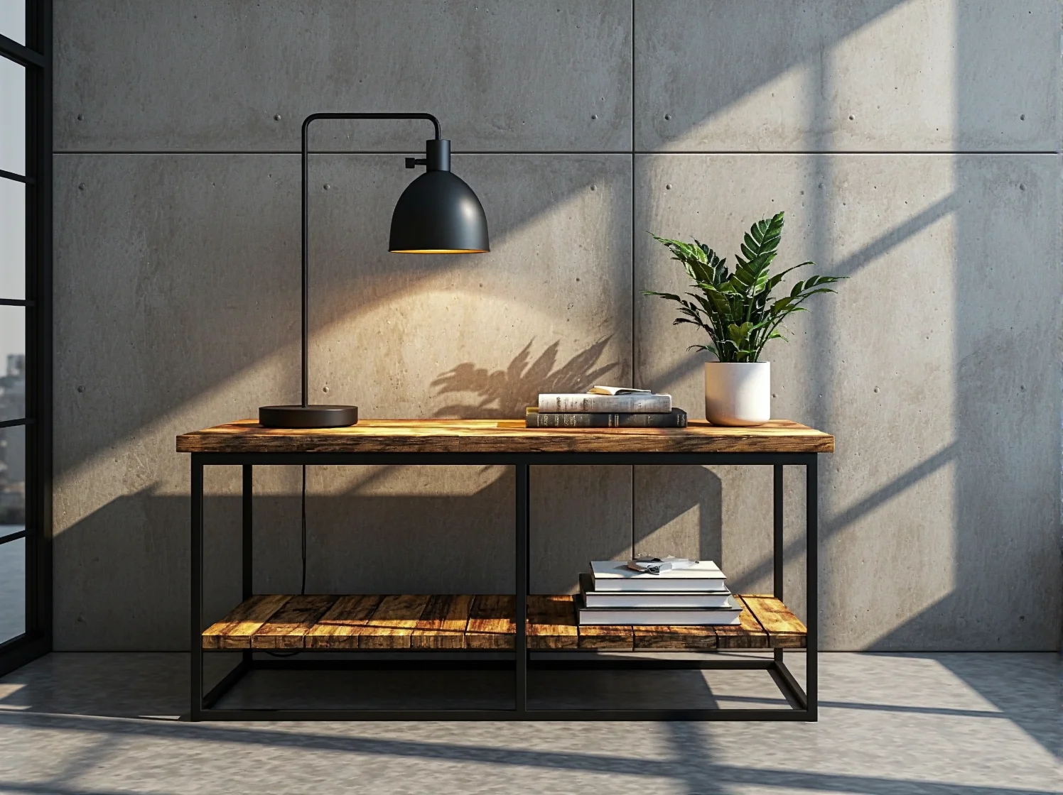 Stół industrialny z litego drewna i czarnej stali w jadalni, detale połączenia metalu z drewnem.