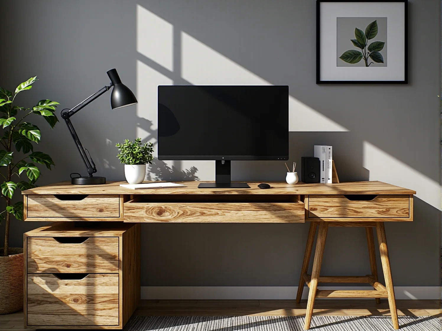 Drewniany stół z wbudowaną ładowarką indukcyjną w minimalistycznym wnętrzu