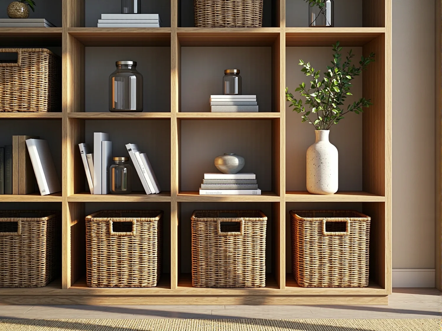 System półek scandi z naturalnego drewna i bieli, wypełniony książkami oraz roślinami.