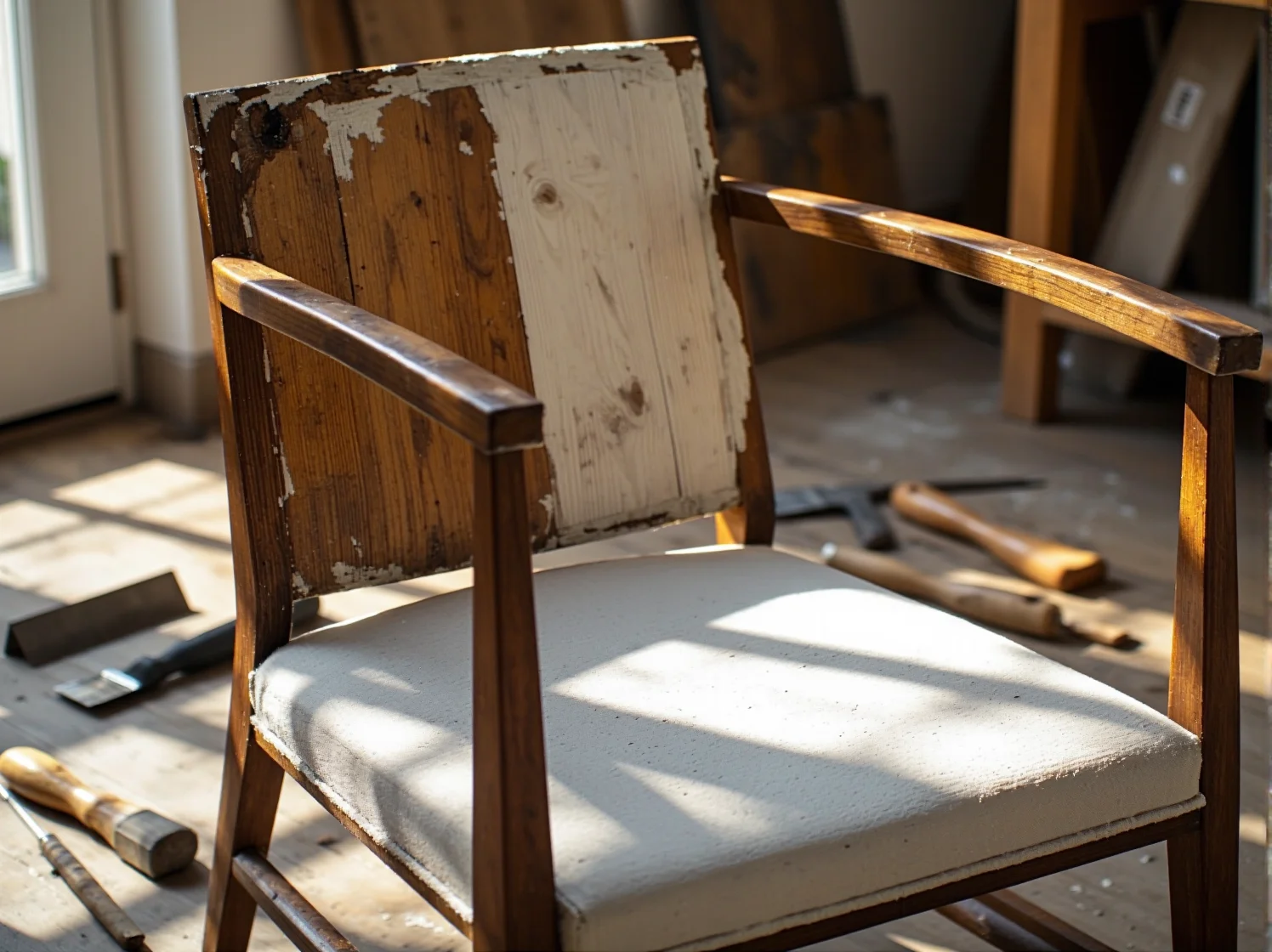 Szlifowanie starego krzesła papierem ściernym przygotowujące do malowania