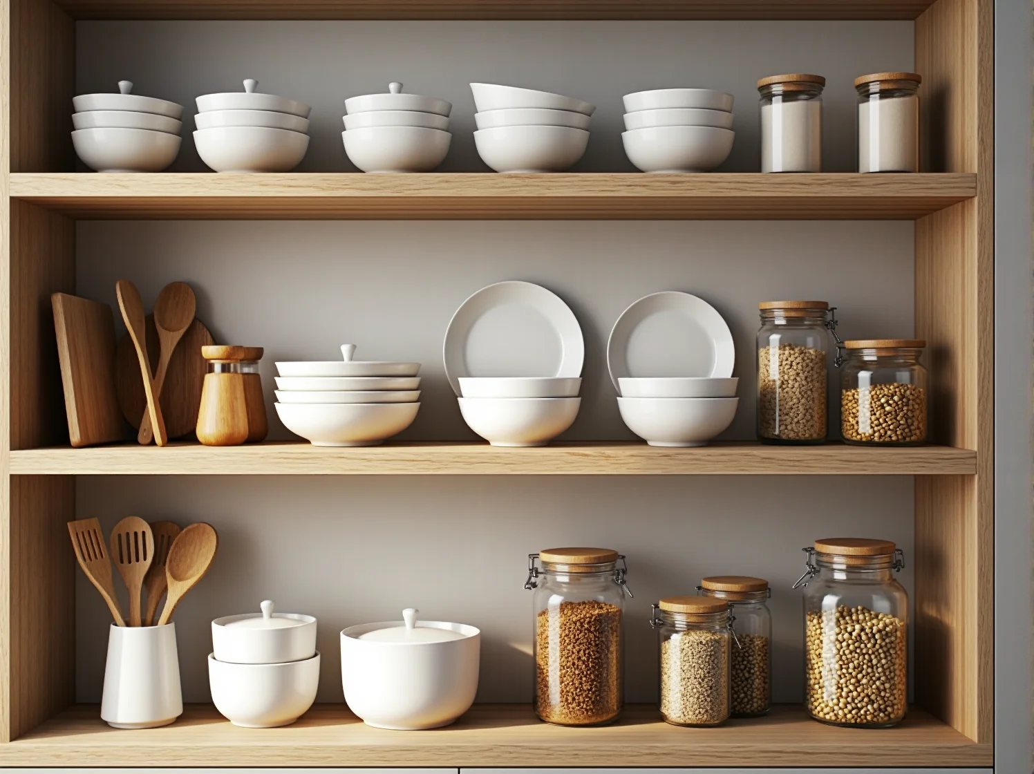 Solidny drewniany regał kuchenny z litego dębu wypełniony ceramiką.