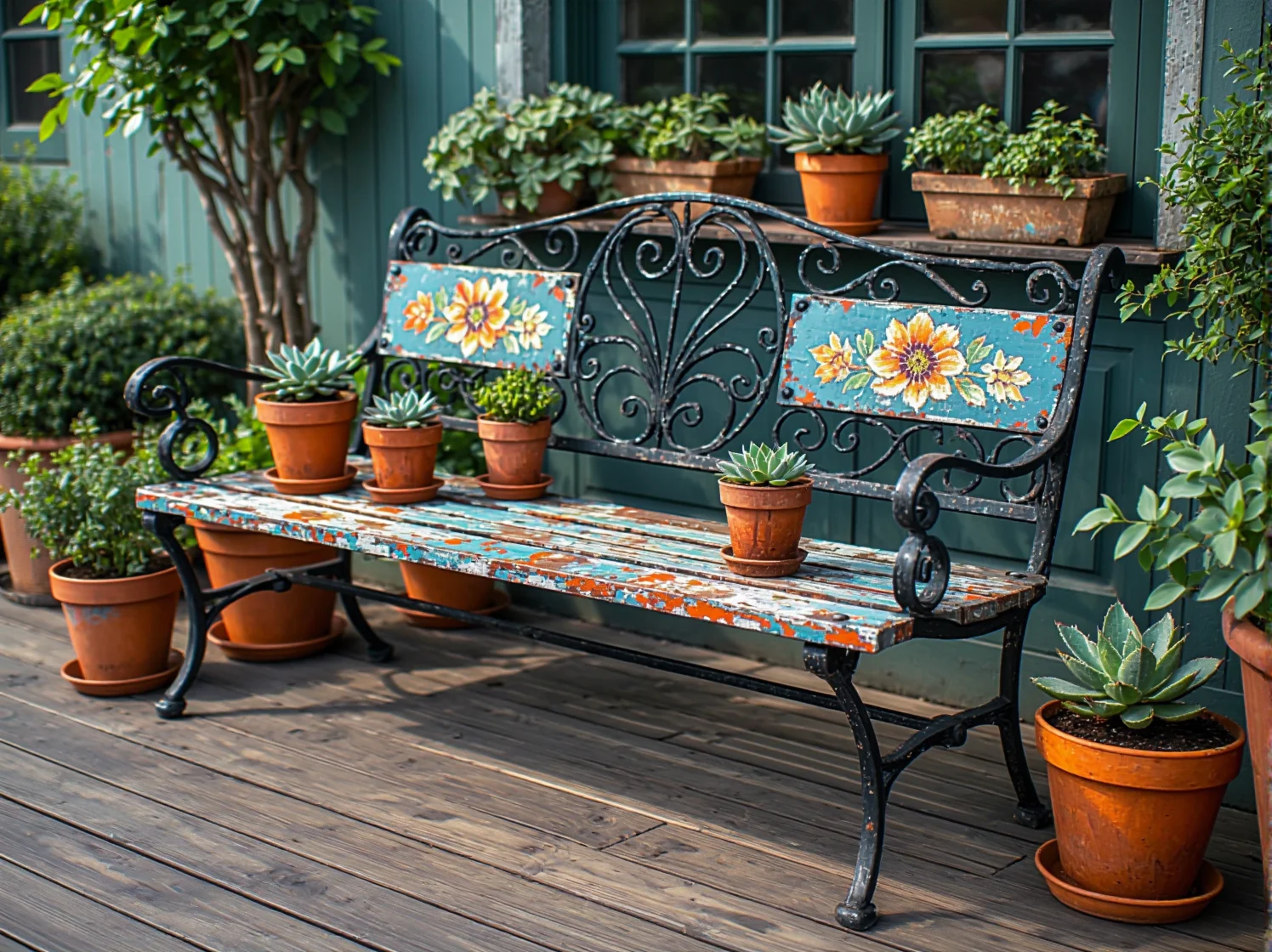 Stół ogrodowy z wikliny z porcelaną w stylu retro i świeżymi kwiatami