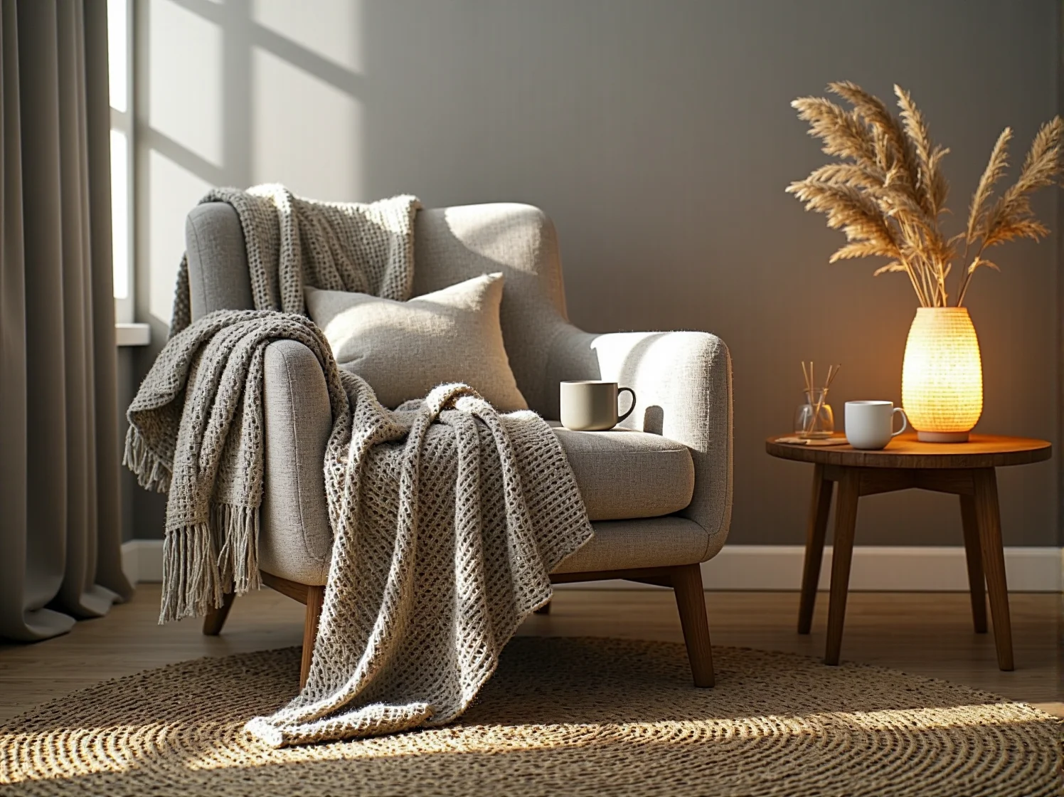 Oddzielenie strefy wypoczynku w małym mieszkaniu za pomocą ażurowego regału z książkami.