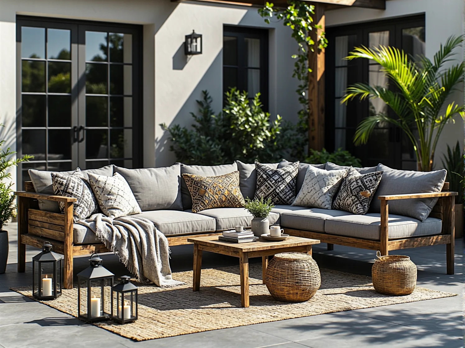 Wygodne meble wypoczynkowe na tarasie w otoczeniu zieleni.