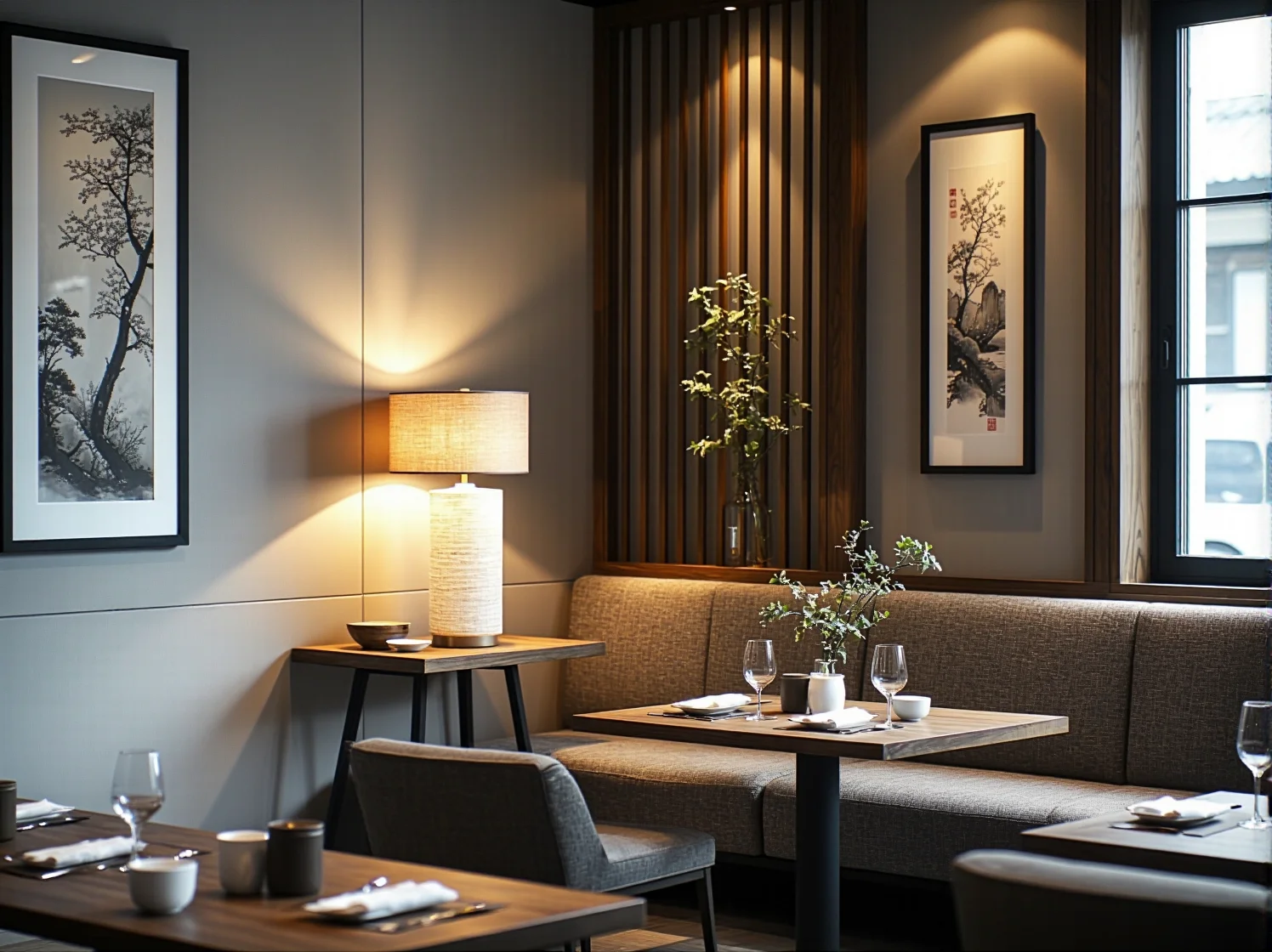 Wygodne fotele rattanowe i bambusowe elementy wystroju w przytulnym wnętrzu restauracji tajskiej.