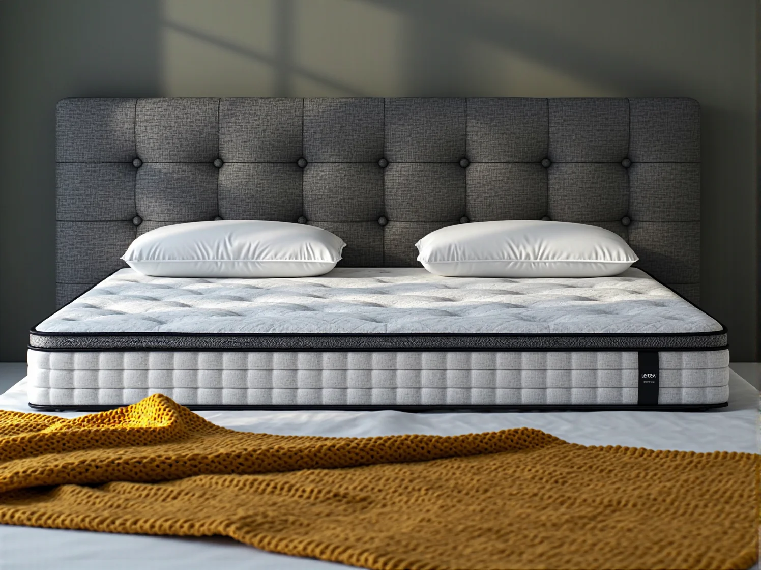 Kobieta śpiąca na plecach na materacu termoelastycznym z prawidłowym podparciem kręgosłupa.