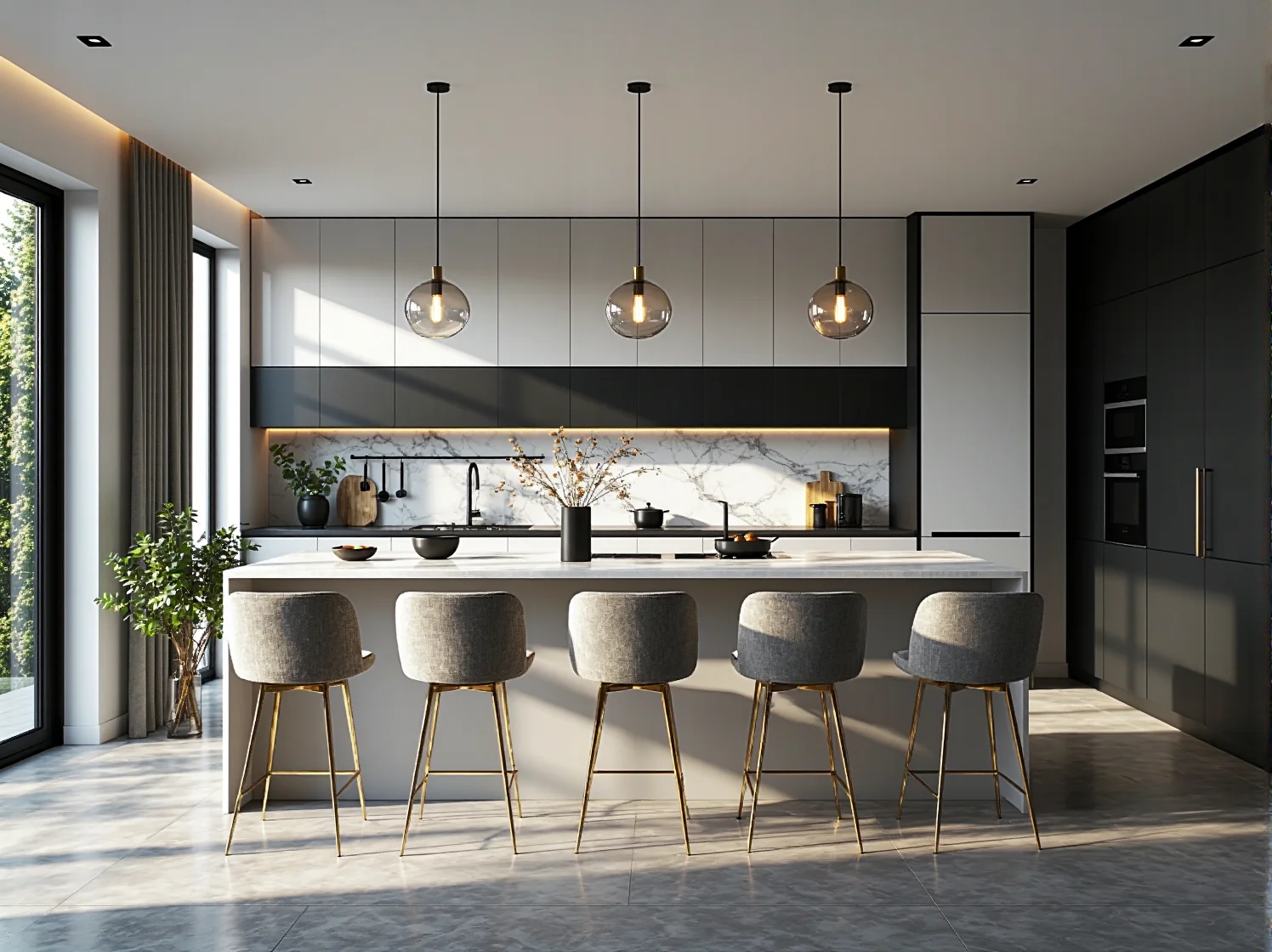 Luksusowe oświetlenie i złota armatura w małej białej kuchni urządzonej w stylu glamour.