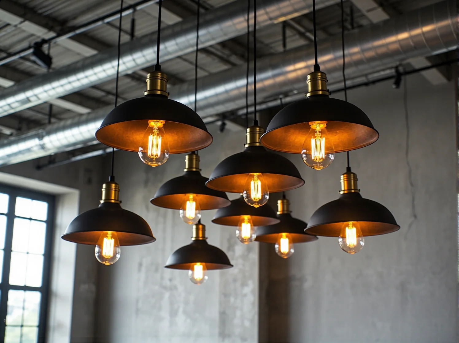 Czarny żyrandol pająk zawieszony w salonie typu loft, podkreślający industrialny charakter wnętrza.